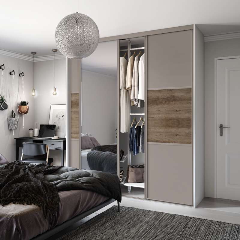 3 door Classic Pebble grey frame kit: 2 doors, Pebble Grey/ Nebraska Oak/ Pebble Grey and 1 door Mirror