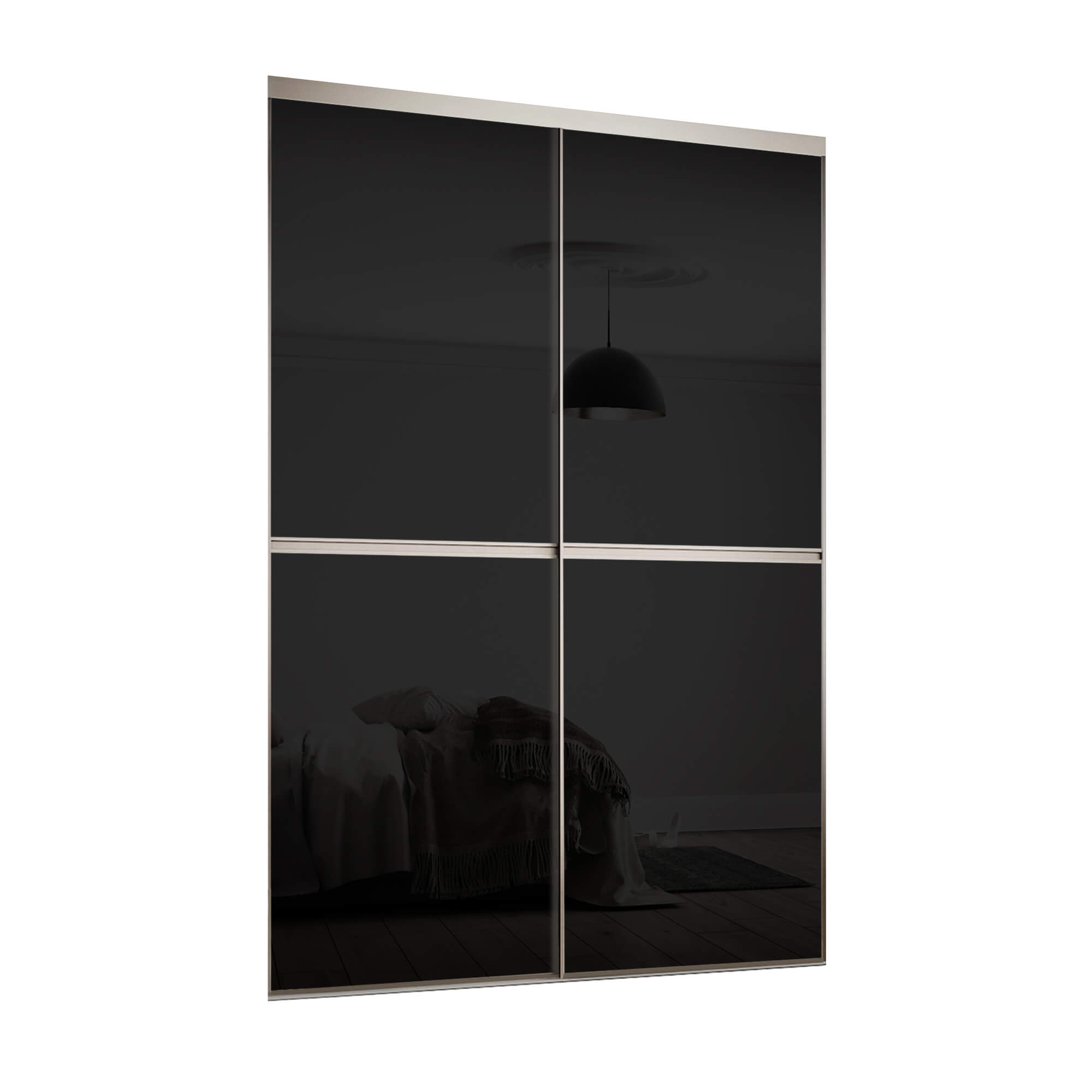 Minimalist Anodised silver aluminium frame and black glass doors and track