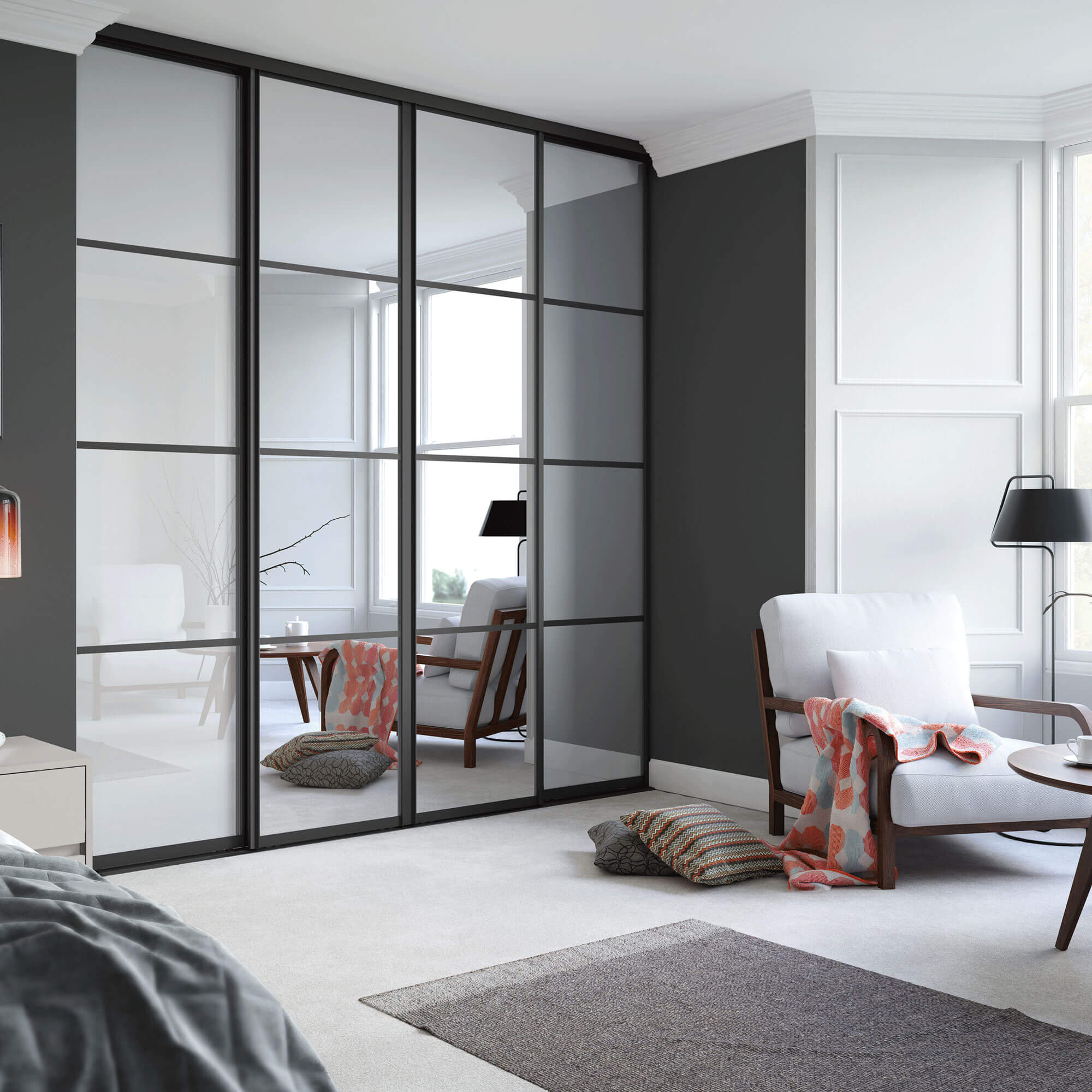 4 Door Element sliding wardrobe. With 4 panel doors and black frames