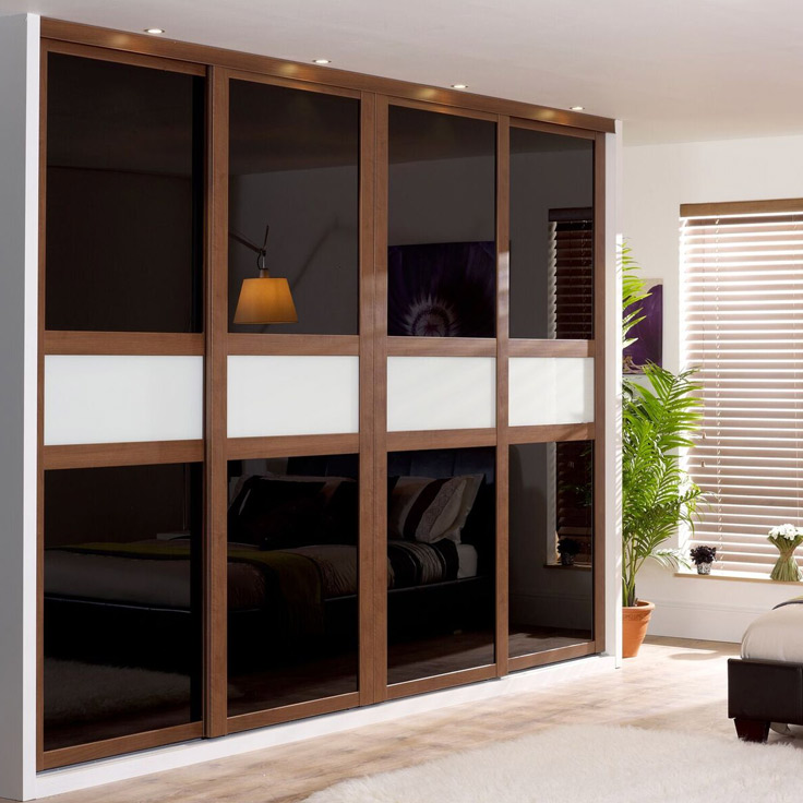 Fineline Shaker Style Wardrobe - Walnut frame w/ Black & Soft White Glass.