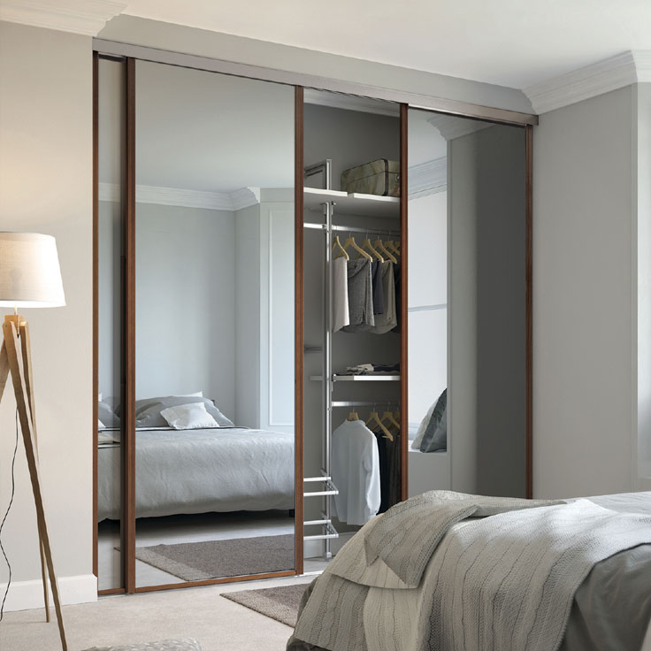 Modern Linear Wardrobe – Walnut Frame w/ Plain Mirror Sliding Doors.