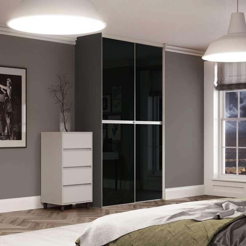 Minimalist 2 door kit with anodised silver aluminium frame and Black glass
