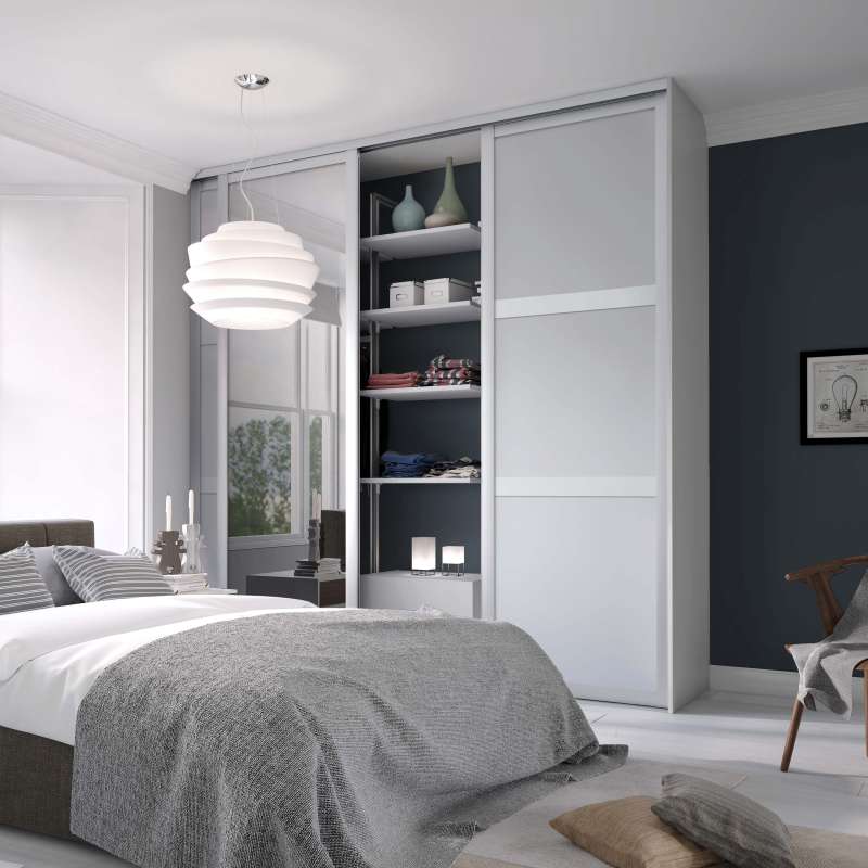 3 Door Platinum White frame Shaker 3 panel kit with 2 Platinum White panel doors and one mirror