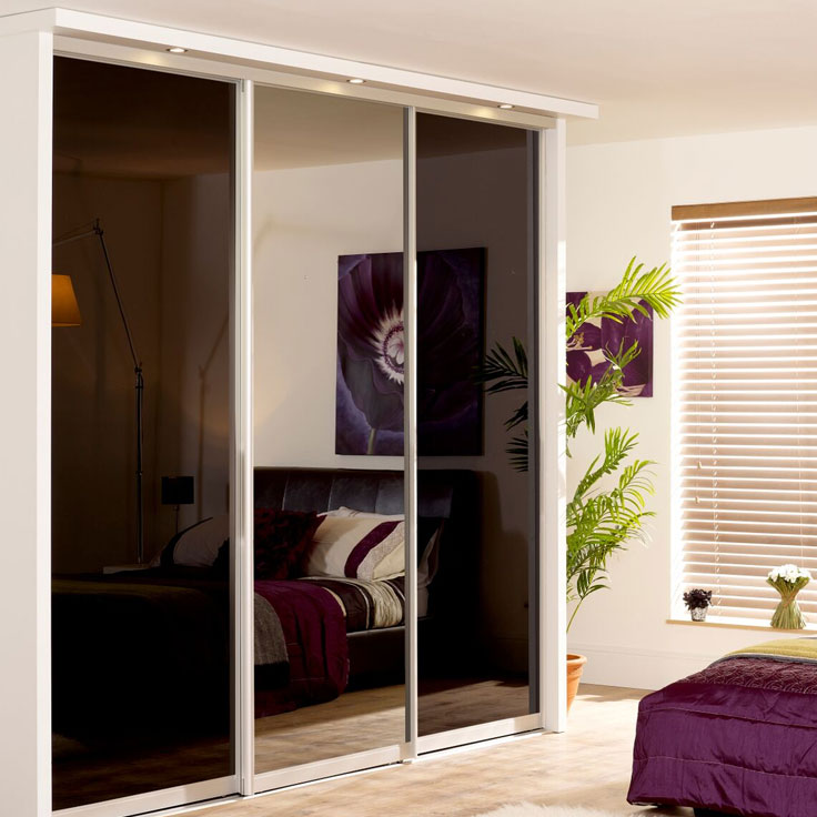 Monaco Mirror Sliding Doors - Silver Frame w/ Black Glass & Plain Mirror.