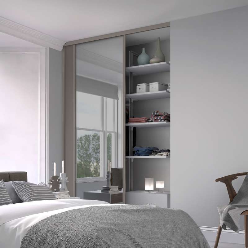 2 classic Pebble Grey frame doors: One door Pebble Grey panel and one mirror