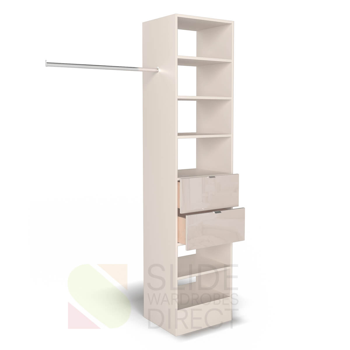 Cashmere tower with Cashmere glass drawer fronts