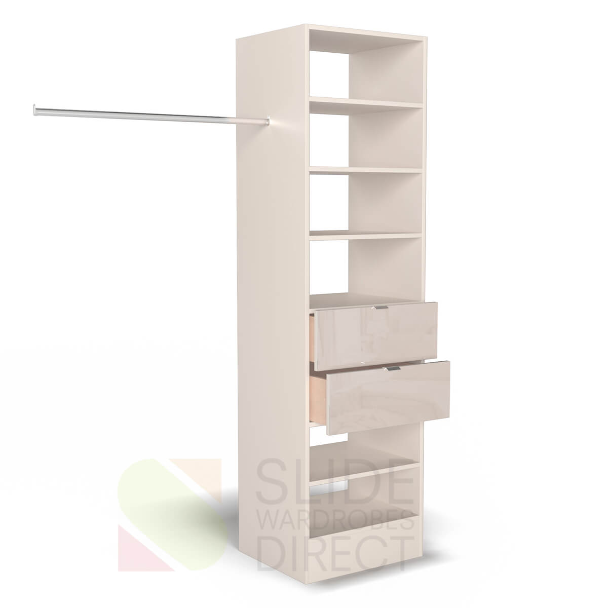 Cashmere tower with Cashmere glass drawer fronts