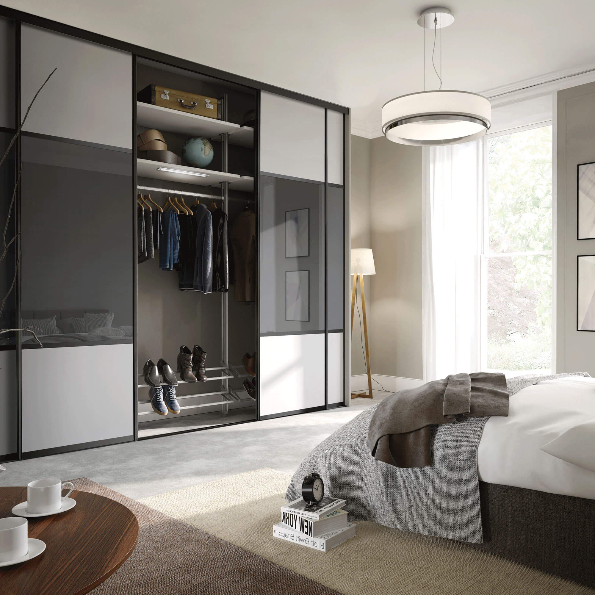 Element Extra wideline sliding wardrobe doors with black frames, Chalk grey top and bottom panels and storm grey mid panel