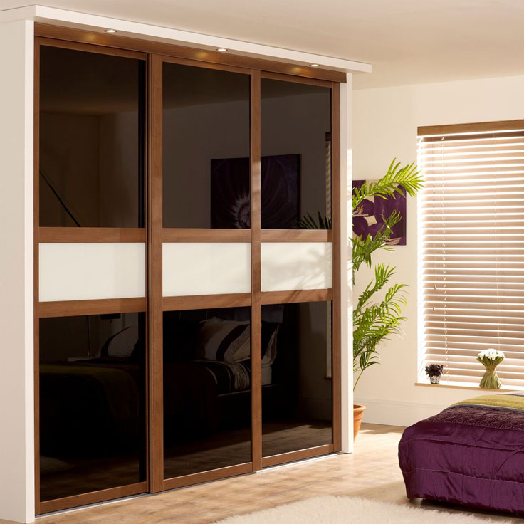 Fineline Shaker Style Doors - Walnut frame with Black Glass & Soft White Mid-Panel.