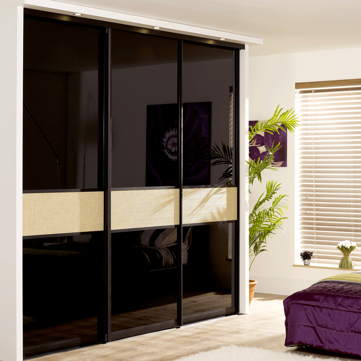 Monaco sliding wardrobe doors with black frame and cream fineline offset panel
