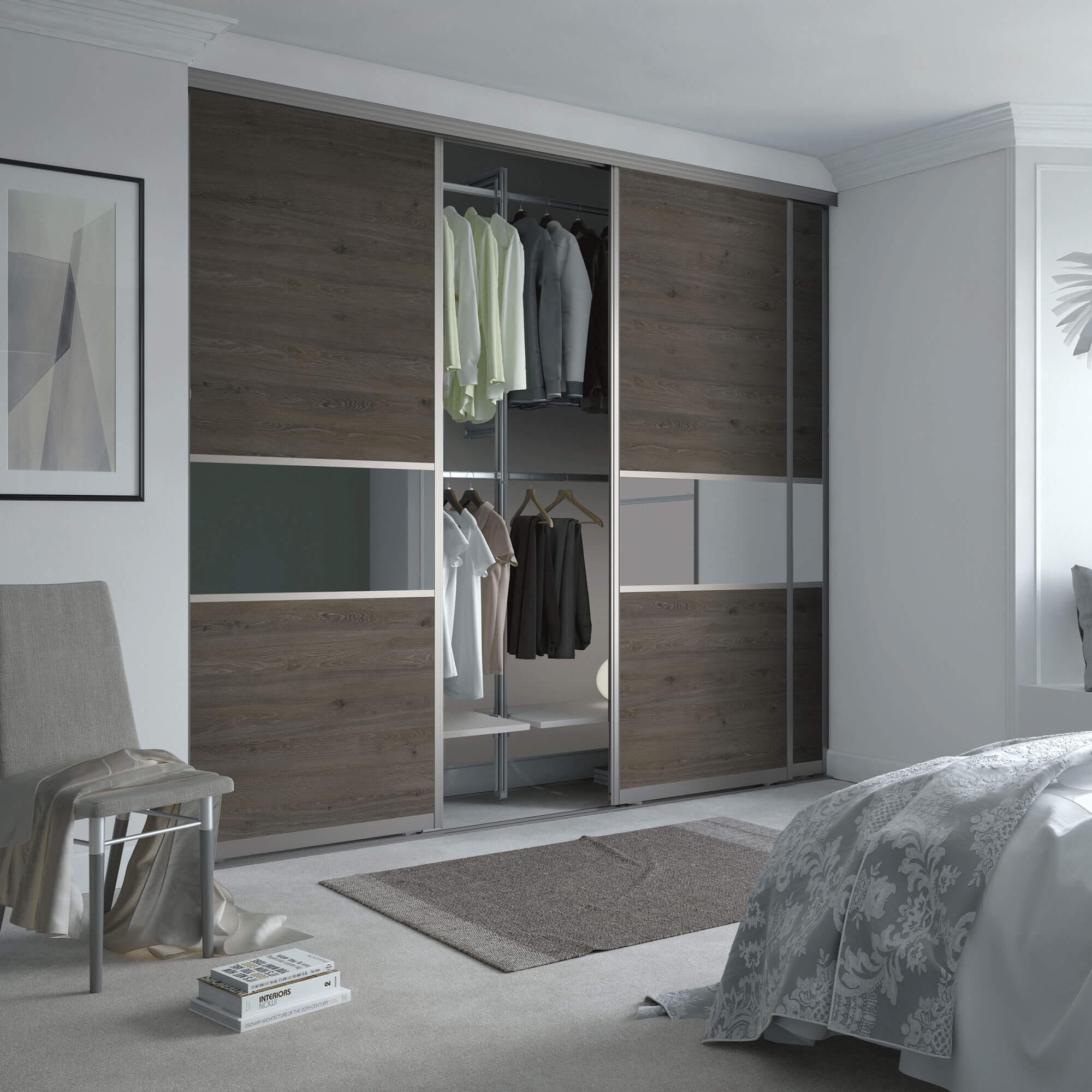 Silver frame Element Fineline offset doors with Brown Orleans Oak and mirror fineline panels